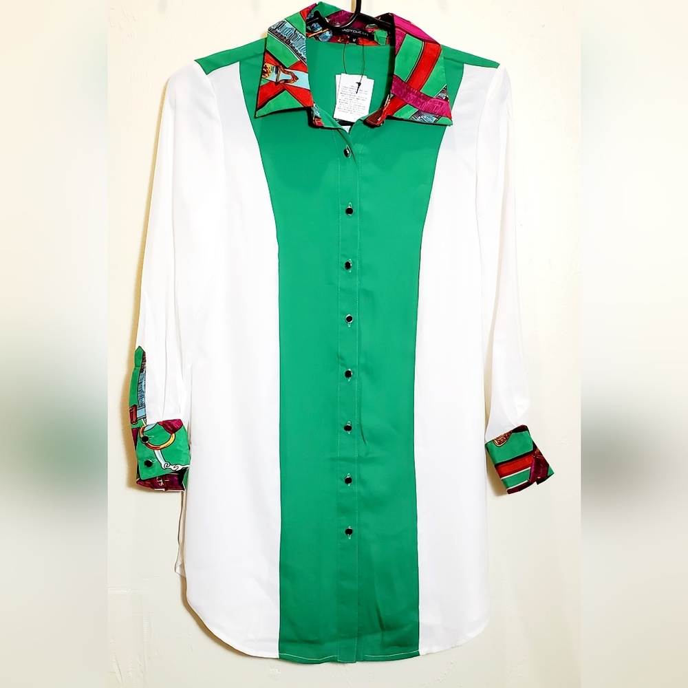 HaoYouDuo Women's Sheer Two-tone Long Sleeve Button Up Blouse Size Medium